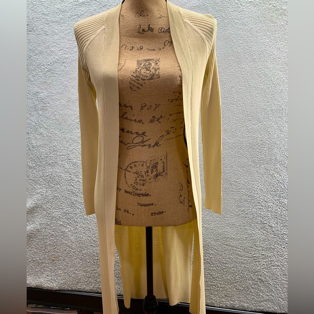DKNY Women’s Ivory Beige Ribbed Long Cardigan Sweater Open Front Side Slits XXS